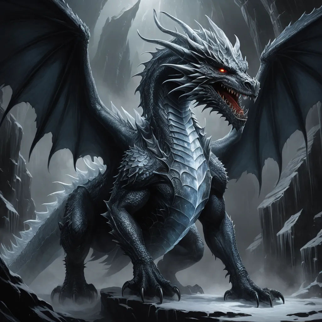 a dragon with red eyes and a black body is standing in a cave with a mountain in the background, fantasy art, concept art, Anne Stokes, dragon art