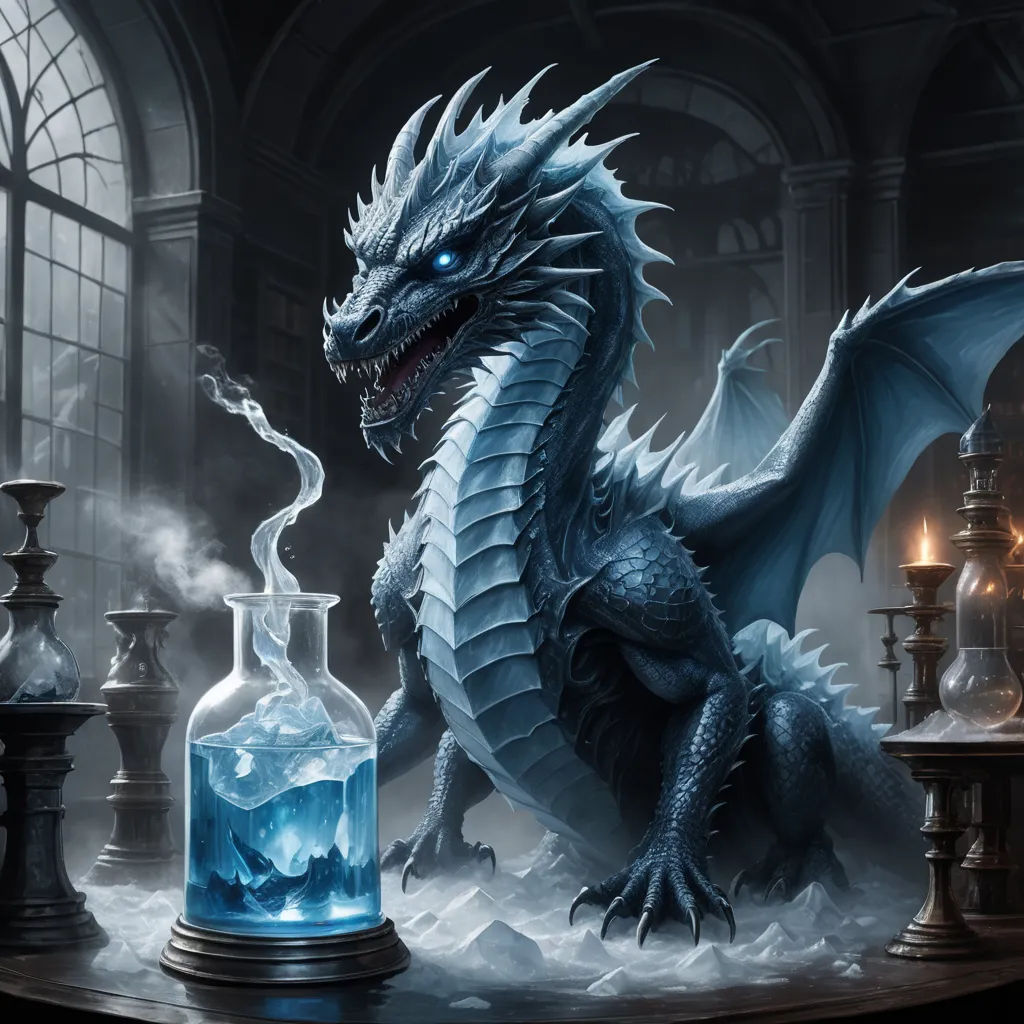 a dragon sitting on a table next to a bottle of liquid and a candle in a glass vase with a liquid inside, fantasy art, an airbrush painting, Anne Stokes, dragon art