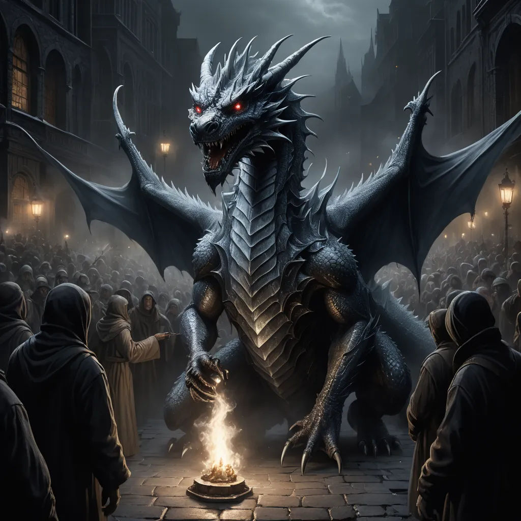 a dragon with a flame in its mouth standing in front of a crowd of people in a city at night, fantasy art, a storybook illustration, Anne Stokes, dragon art