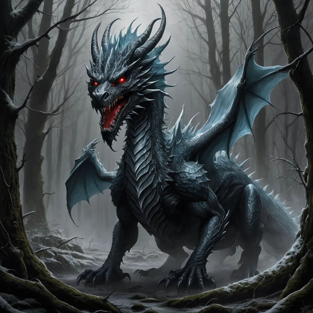 a dragon with red eyes is in the woods by itself with a tree branch in the foreground and a foggy background, fantasy art, a storybook illustration, Anne Stokes, dragon art