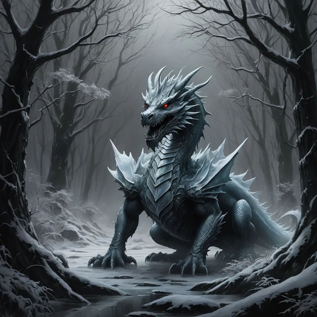 a dragon with red eyes sitting in a snowy forest with trees and snow covered ground in the background is a dark forest, fantasy art, a storybook illustration, Anne Stokes, dragon art