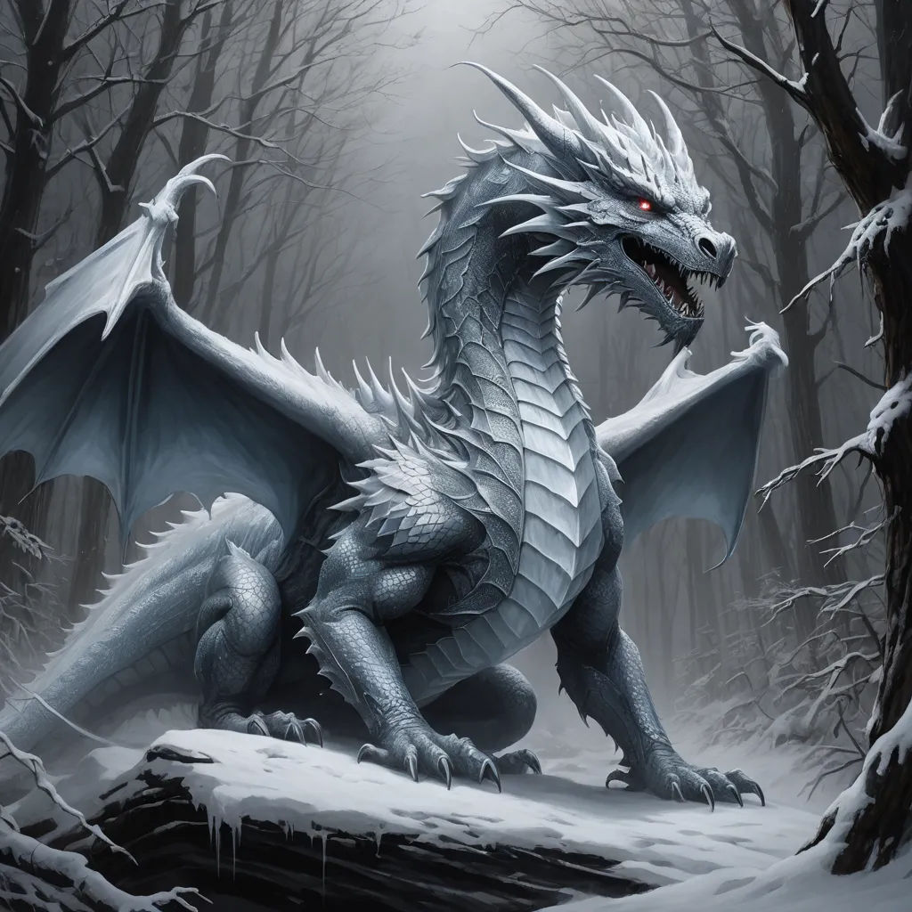 a white dragon with red eyes sitting in the snow in front of a forest with trees and snow covered ground, fantasy art, an airbrush painting, Anne Stokes, dragon art