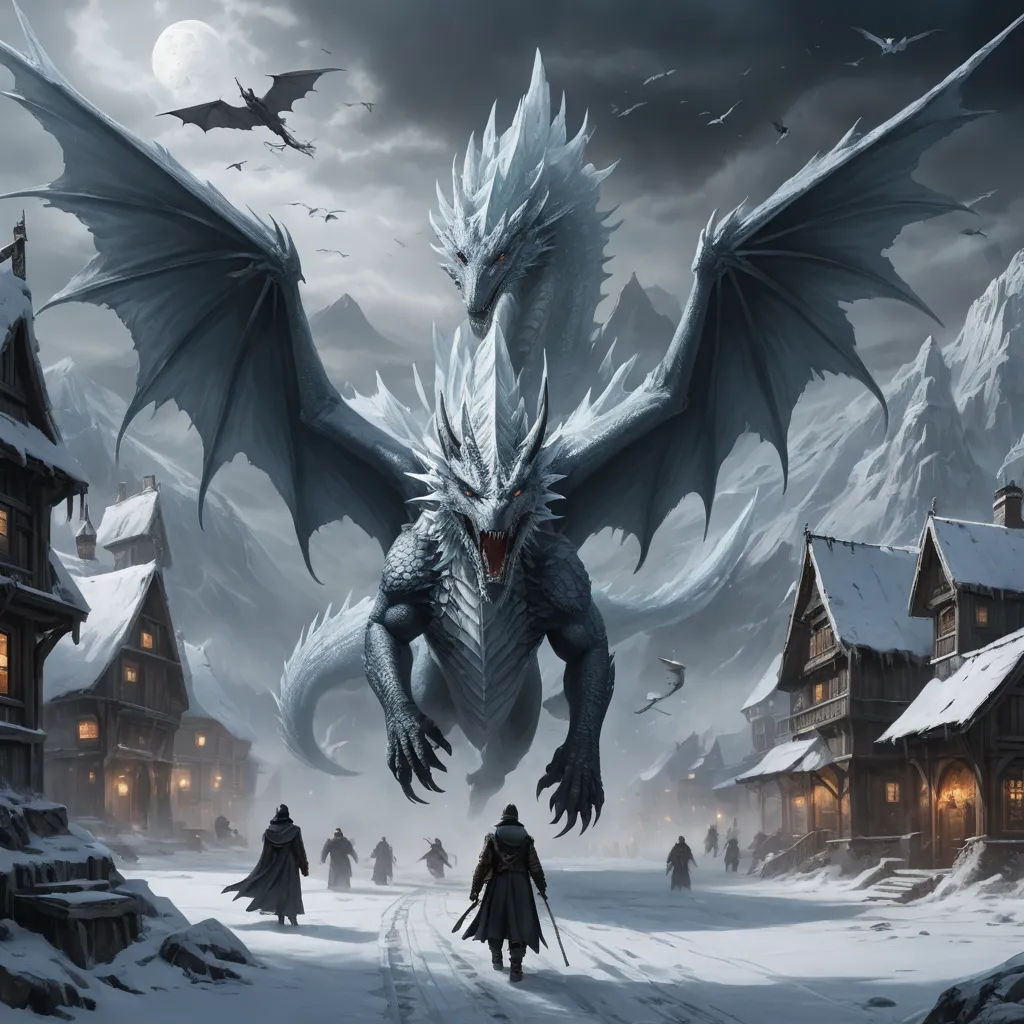 a white dragon with long wings standing in a snowy village with a man and a dog on a path, fantasy art, concept art, Chris Rallis, dragon art