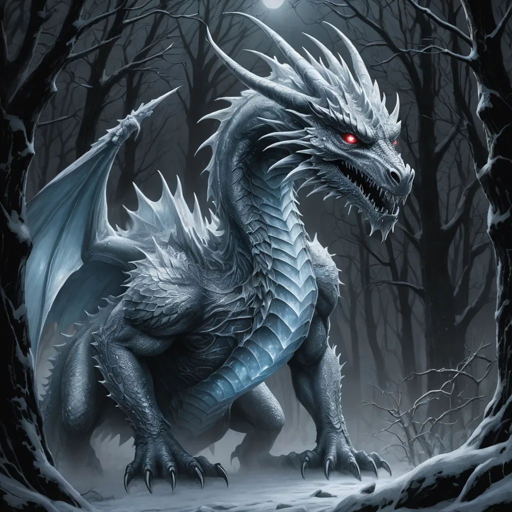 a white dragon with red eyes standing in a snowy forest at night with a full moon behind it and trees, fantasy art, a storybook illustration, Anne Stokes, dragon art
