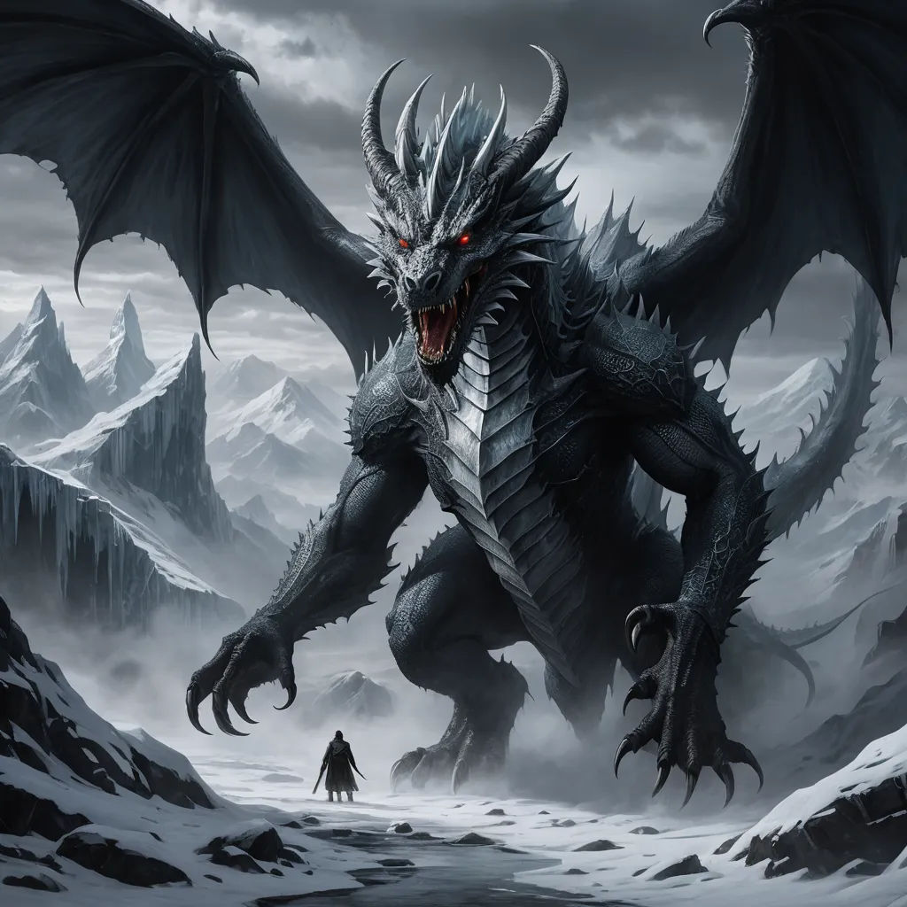 a dragon with red eyes standing in a snowy mountain landscape with a man in the background and a mountain range in the background, fantasy art, concept art, Chris Rahn, dragon art