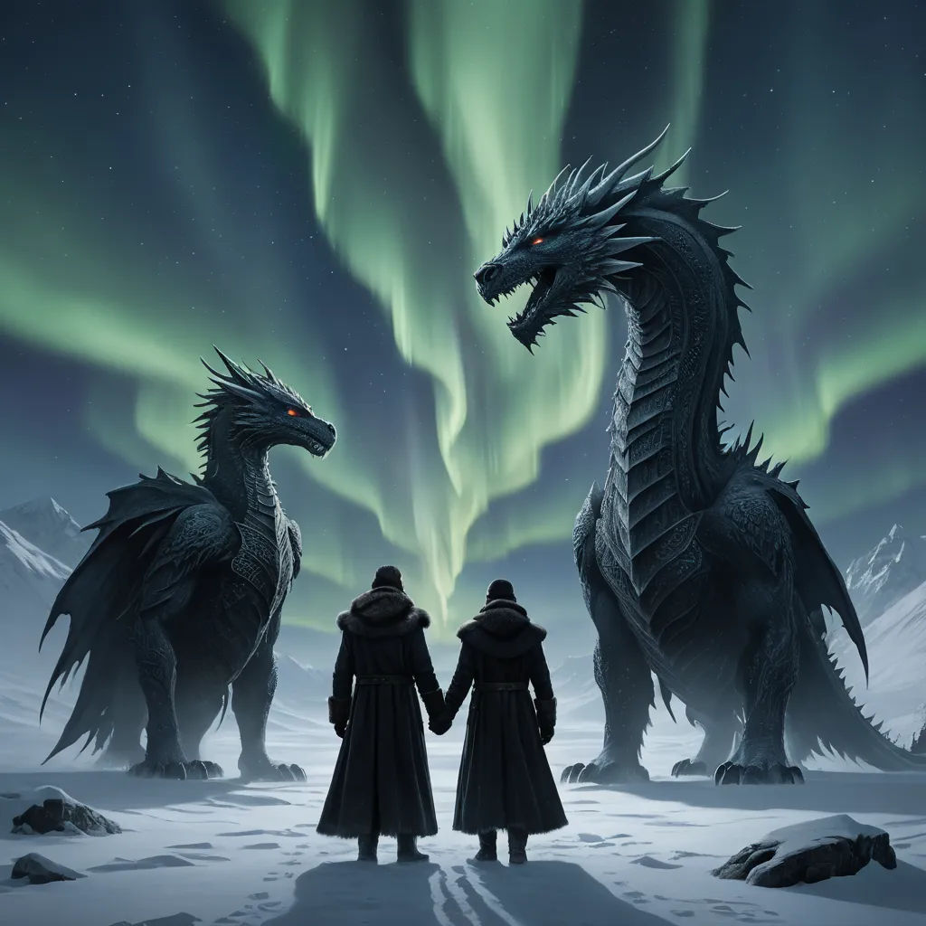 two people standing in front of a dragon with the aurora behind them in the snow with a sky full of green lights, fantasy art, concept art, Anato Finnstark, dragon art