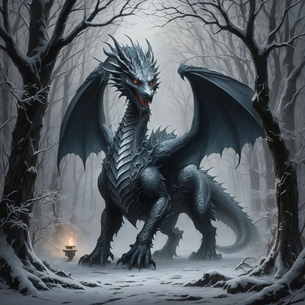 a dragon with a light in its mouth in a snowy forest with trees and a lantern in the foreground, fantasy art, a storybook illustration, Anne Stokes, dragon art