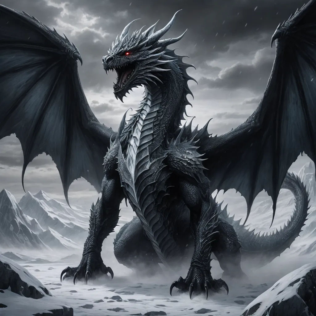 a black dragon with red eyes standing in a snowy landscape with mountains and rocks in the background, with a dark sky and clouds, fantasy art, concept art, Anne Stokes, dragon art
