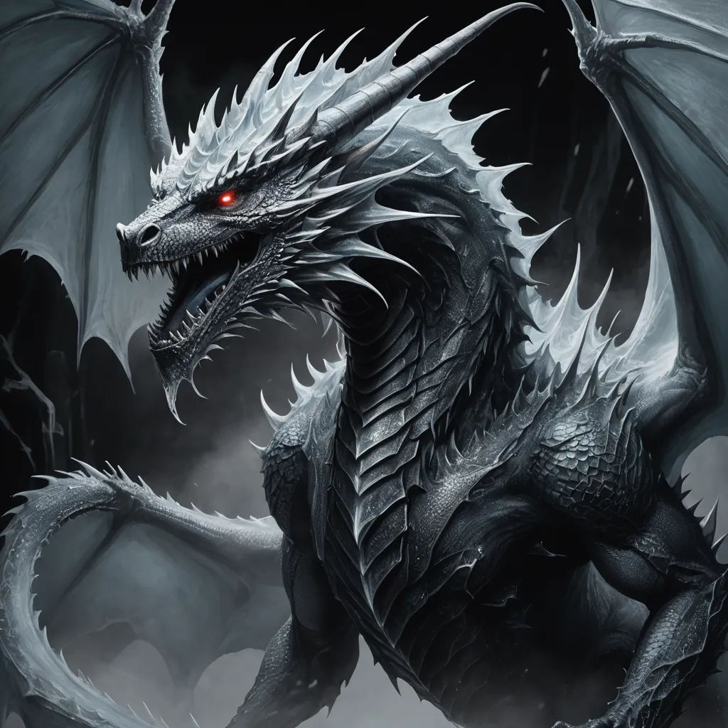 a black dragon with red eyes and wings on a dark background with clouds and fogs, with a red eye in the center of the dragon's head, fantasy art, a digital painting, Anne Stokes, dragon art