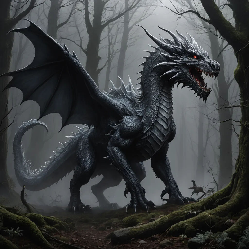 a dragon with a large head and sharp teeth in a forest with trees and moss, with a full moon in the background, fantasy art, a storybook illustration, Anne Stokes, dragon art