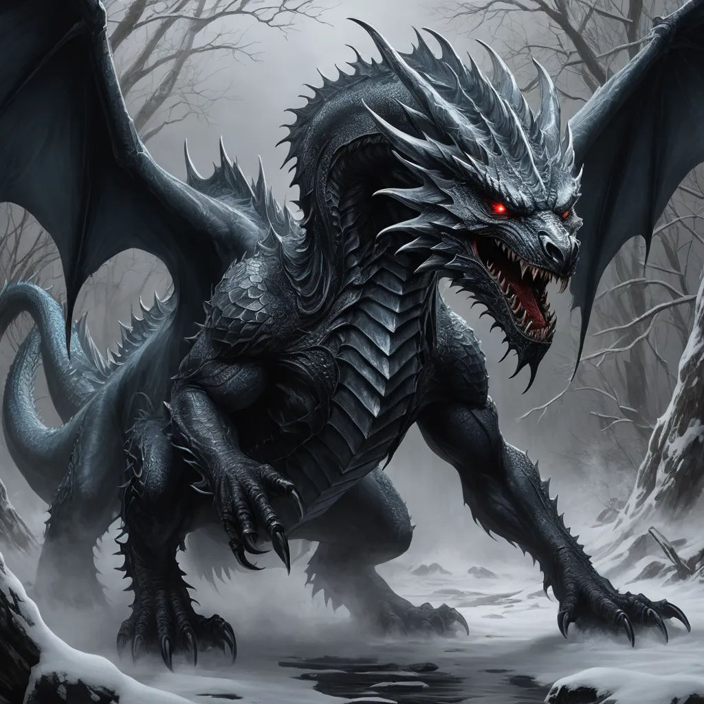 a black dragon with red eyes and a snowy forest background is depicted in this fantasy scene with a stream and trees, gothic art, a digital rendering, Anne Stokes, dragon art