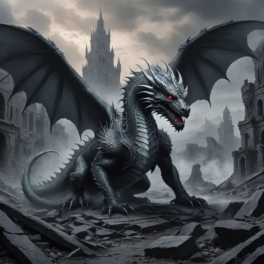 a dragon with red eyes is standing in a destroyed area with a castle in the background and a dark sky, fantasy art, a detailed matte painting, Anne Stokes, dragon art