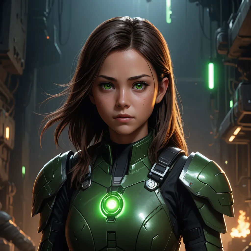 a woman in a green suit standing in a dark room with a green light on her chest and a green light on her chest, sots art, a character portrait, Clint Cearley, stanley artgerm lau
