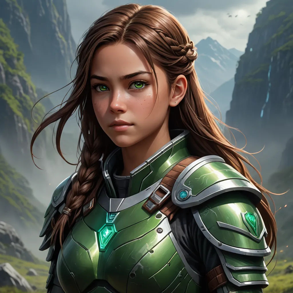 a woman in a green armor standing in front of a mountain range with a green light on her face, fantasy art, a character portrait, Clint Cearley, epic fantasy character art