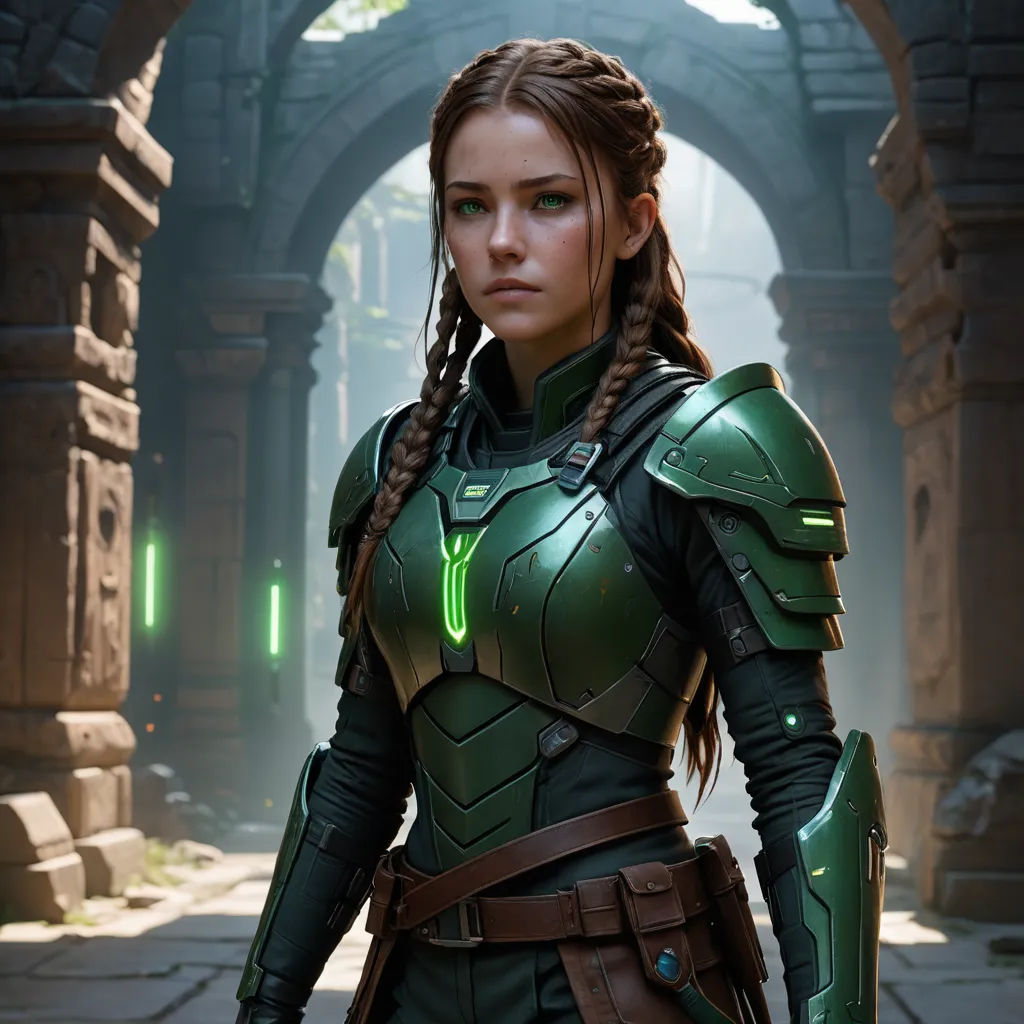 a woman in a green suit standing in a tunnel with a light on her face and braids in her hair, antipodeans, a character portrait, Clint Cearley, unreal 5
