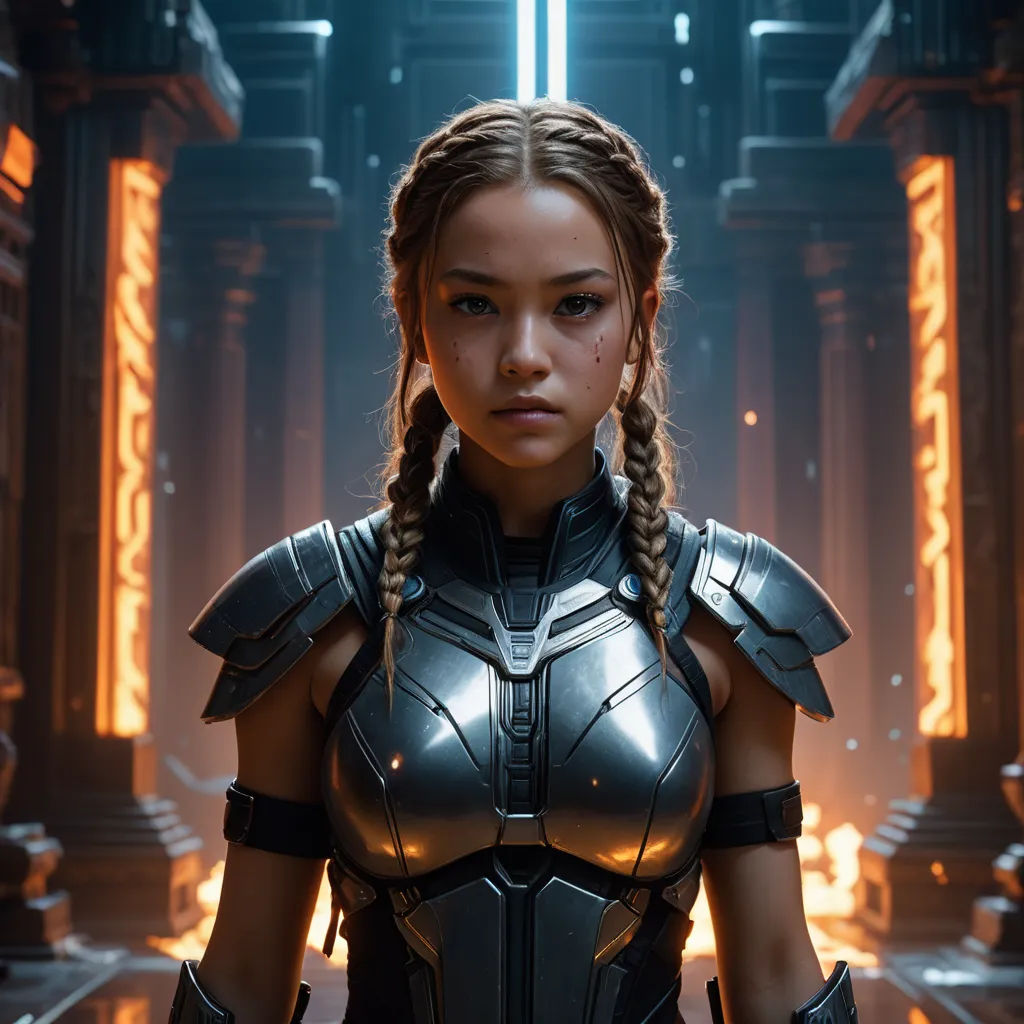 a woman in a futuristic suit standing in a room with a light shining on her face and a sword in her hand, letterism, computer graphics, Aleksi Briclot, rossdraws global illumination