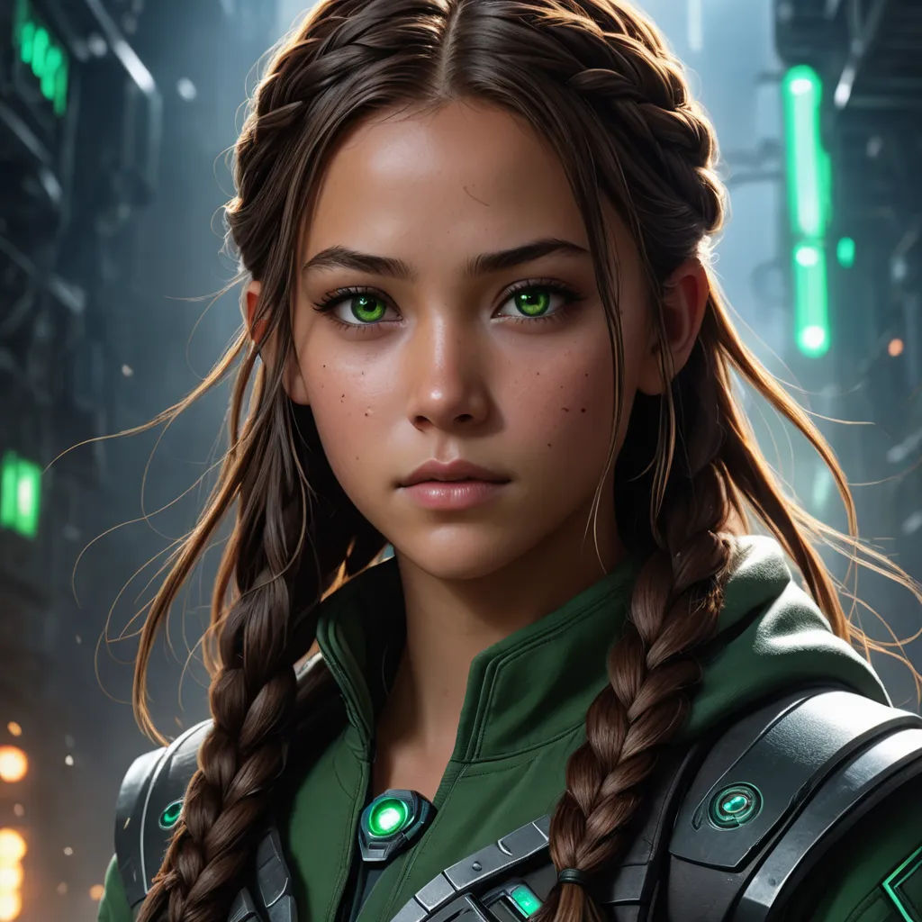 a girl with green eyes and a braid in a futuristic city setting with lights on her face and a green light on her arm, sots art, cyberpunk art, Clint Cearley, trending on artstation hq