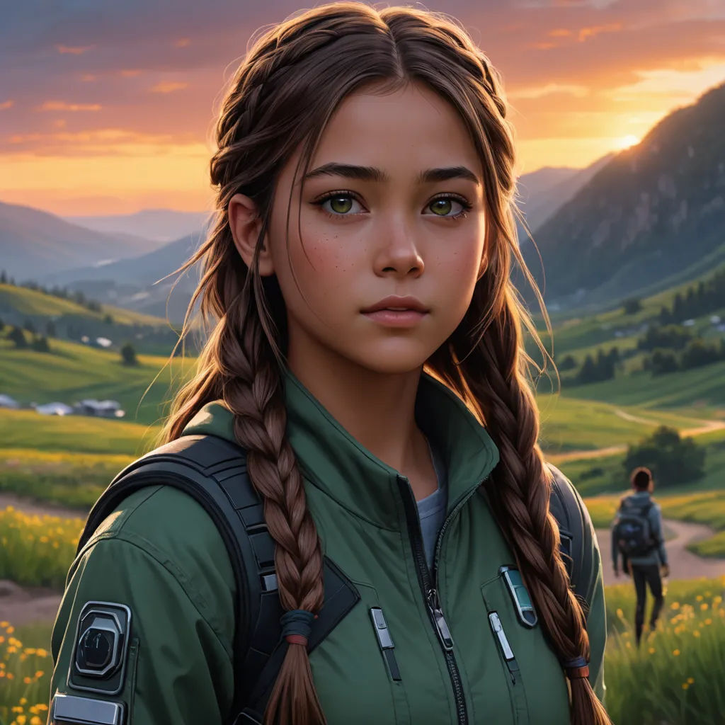 a girl with braids standing in a field with a camera in her hand and a man in the background, sots art, a detailed painting, Artgerm, stanley artgerm lau