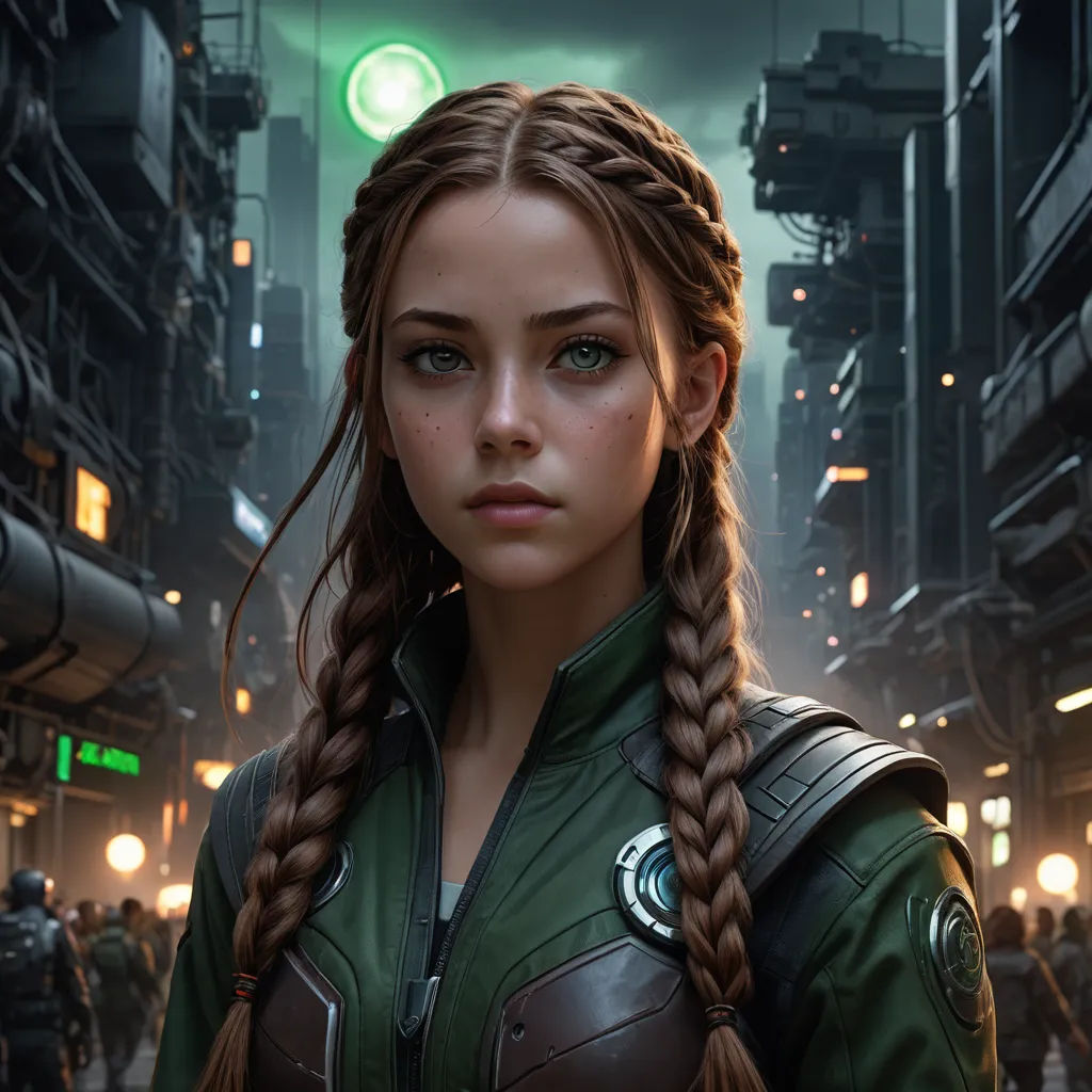 a woman in a green jacket standing in a city at night with a green light behind her and a green light above her head, fantasy art, cyberpunk art, Clint Cearley, trending on artstation hq