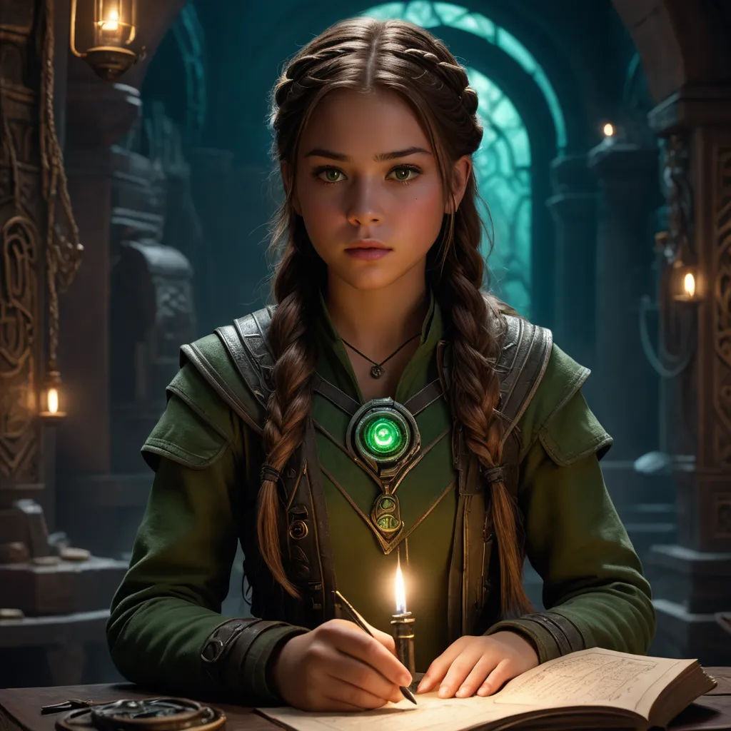 a woman sitting at a table with a book and a candle in her hand and a book in front of her, fantasy art, computer graphics, Clint Cearley, rossdraws global illumination