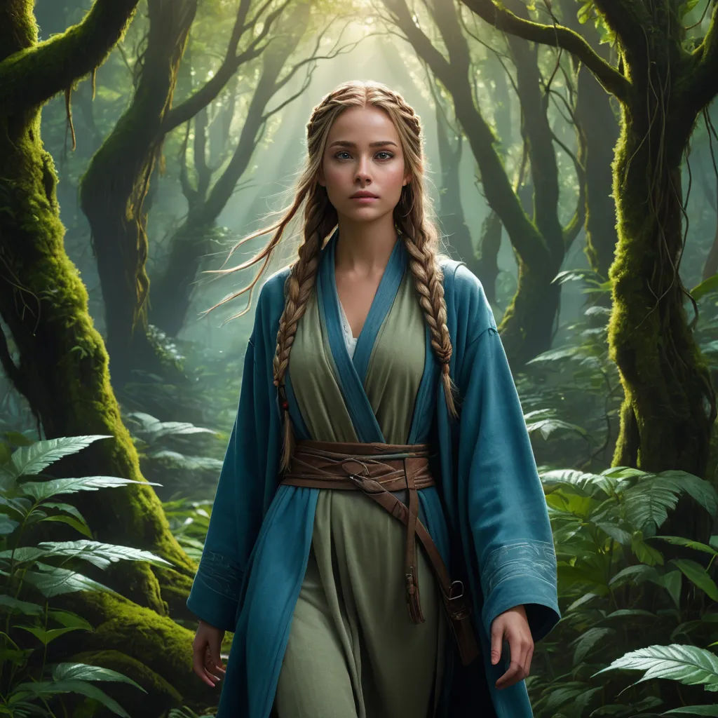a woman in a green dress is walking through a forest with trees and ferns on the ground and a light shining through her hair, fantasy art, a detailed matte painting, Dirk Crabeth, promotional image
