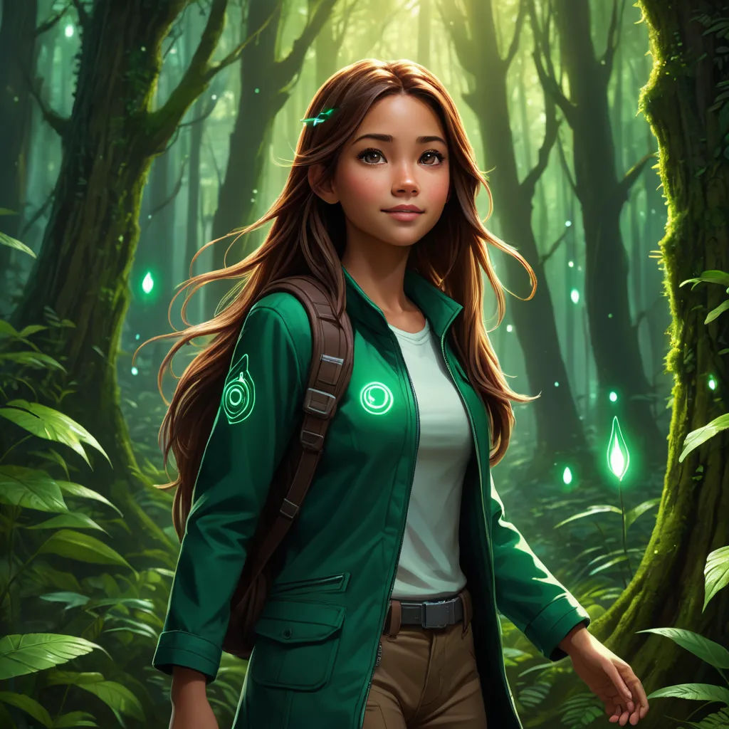 a woman in a green jacket standing in a forest with a green light on her face and a green light on her shoulder, fantasy art, a character portrait, Clint Cearley, official art