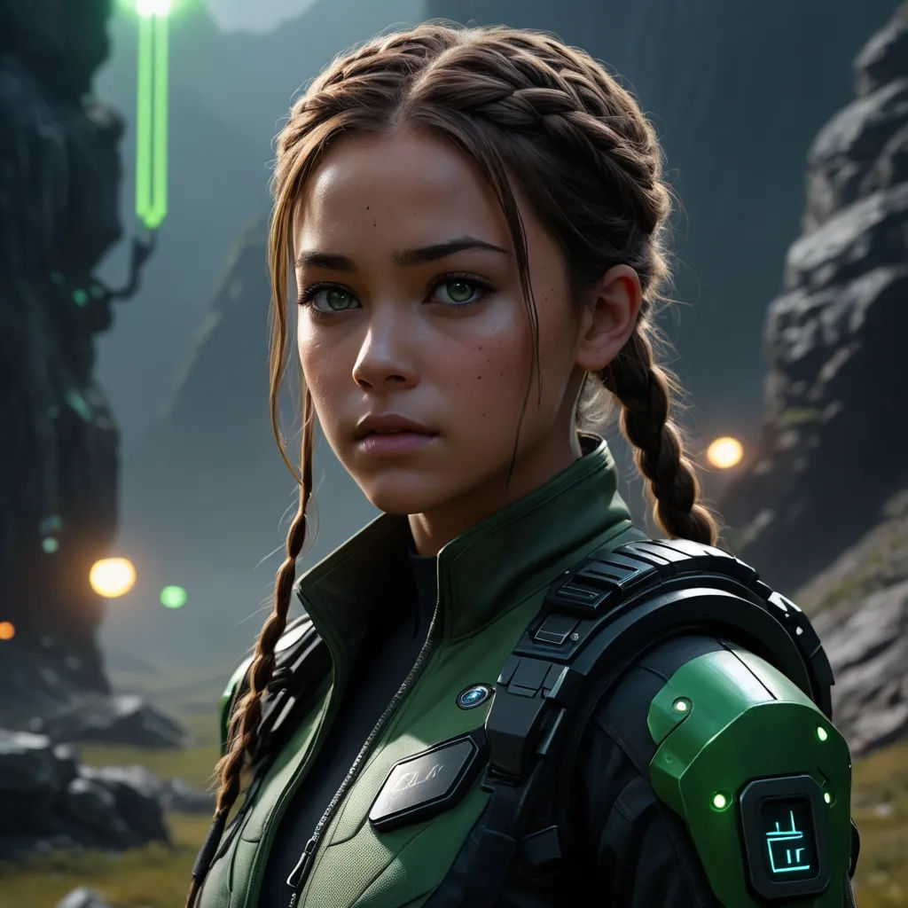 a woman with braids and a green jacket in a sci - fi fi fi environment with a green light, photorealism, computer graphics, Aleksi Briclot, unreal 5