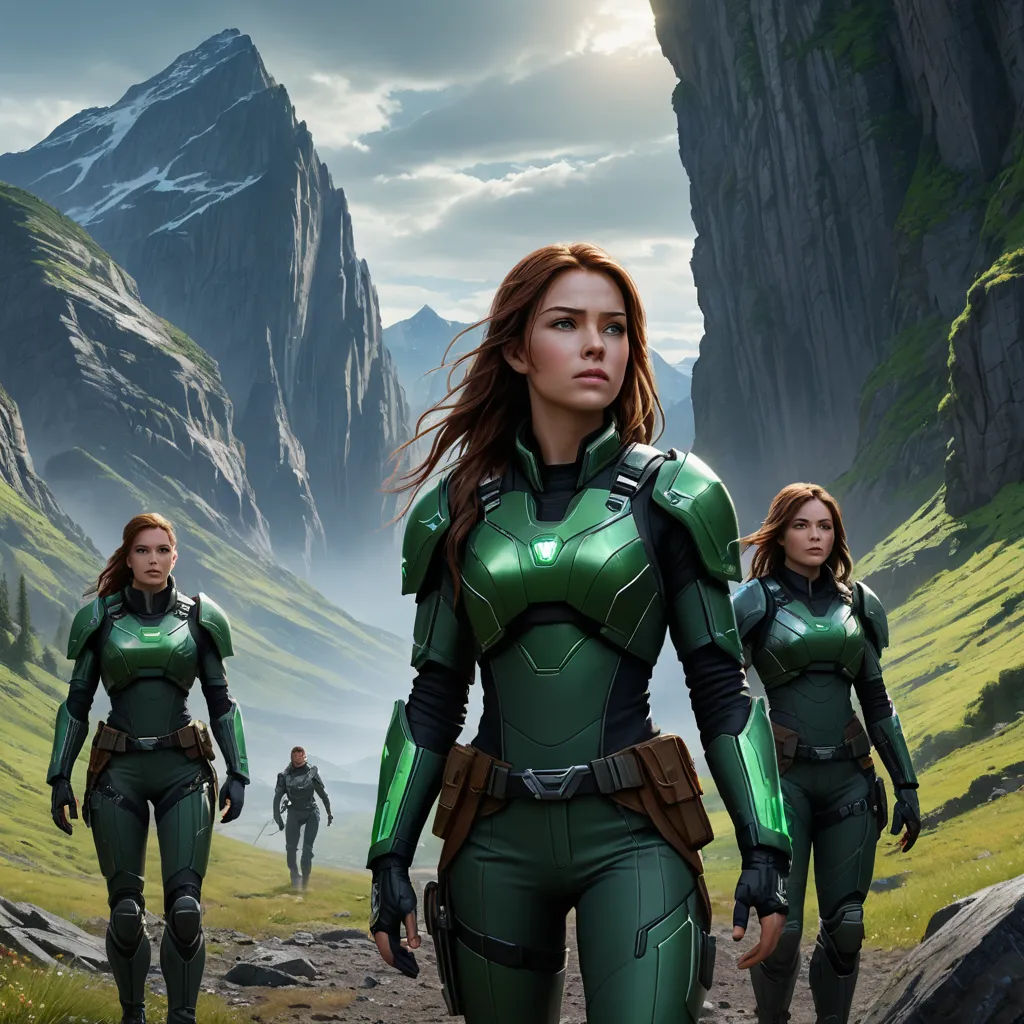 a group of people in green suits walking through a mountain valley with a mountain in the background and a sky with clouds, antipodeans, concept art, Clint Cearley, unreal 5