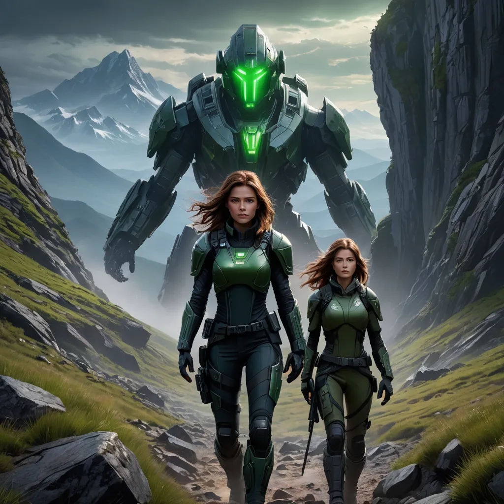 a couple of women walking down a dirt road next to a giant robot in a mountainous area with a mountain in the background, sots art, concept art, Clint Cearley, unreal 5