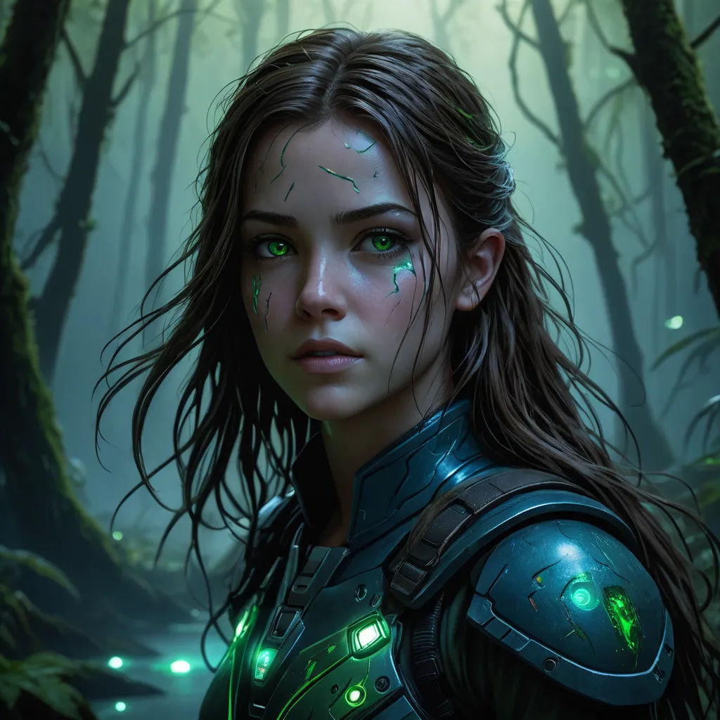 a woman with green eyes standing in a forest with a light on her face and a green light on her face, fantasy art, a digital painting, Clint Cearley, magic the gathering artwork