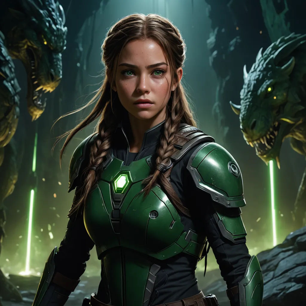 a woman in a green suit standing in front of a group of alien creatures in a dark forest with a light shining on her, sots art, concept art, Clint Cearley, magic the gathering artwork