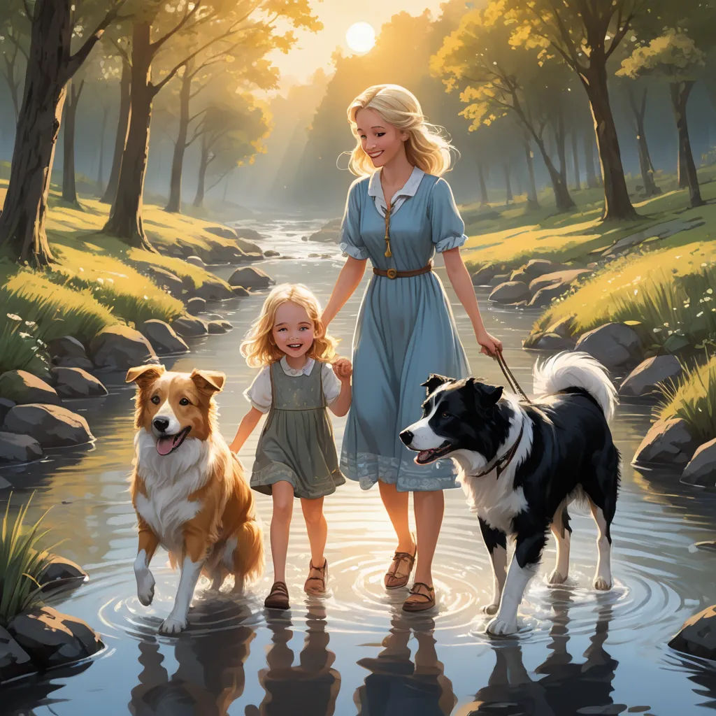 a painting of a woman and two dogs walking in a stream with a girl holding the leash of a dog, american scene painting, a storybook illustration, Bob Byerley, official art