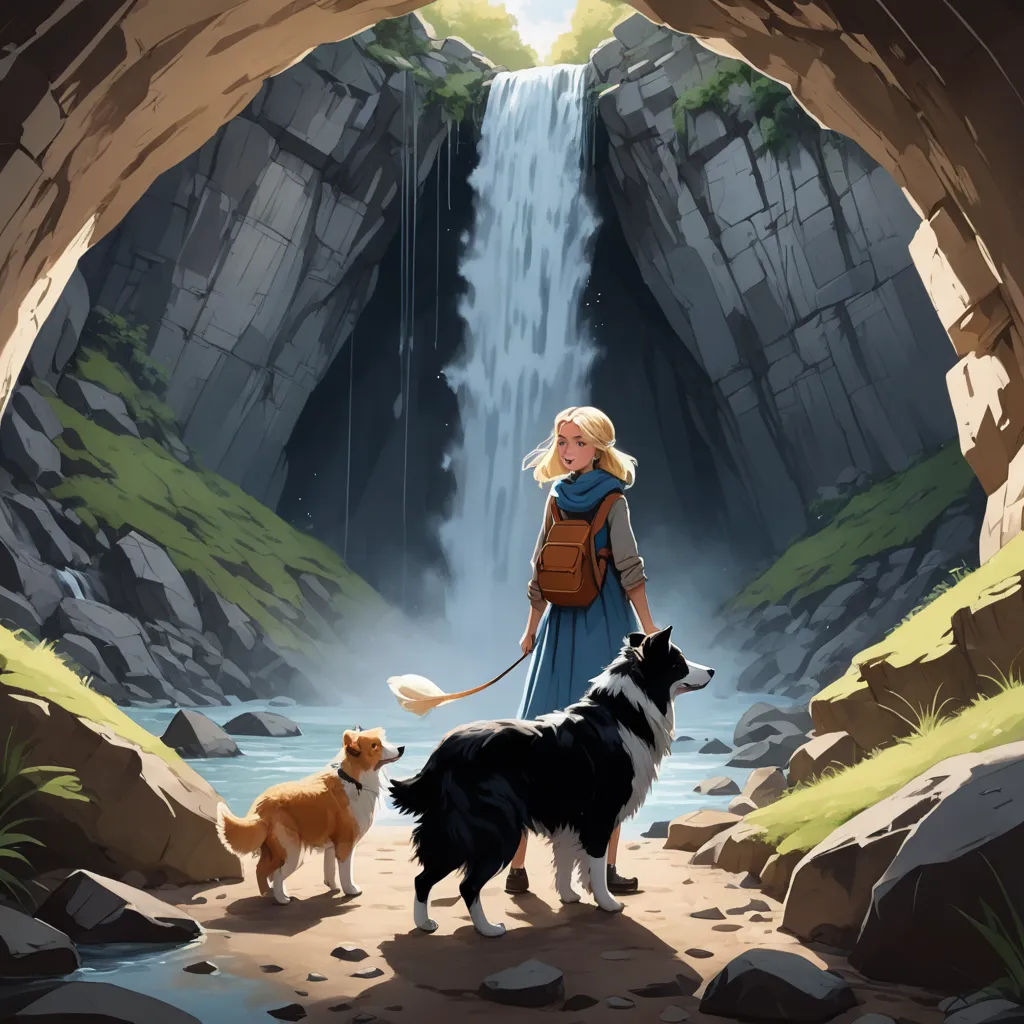 a woman and two dogs standing in front of a waterfall with a waterfall in the background and a waterfall in the background, fantasy art, a storybook illustration, Cliff Childs, official art