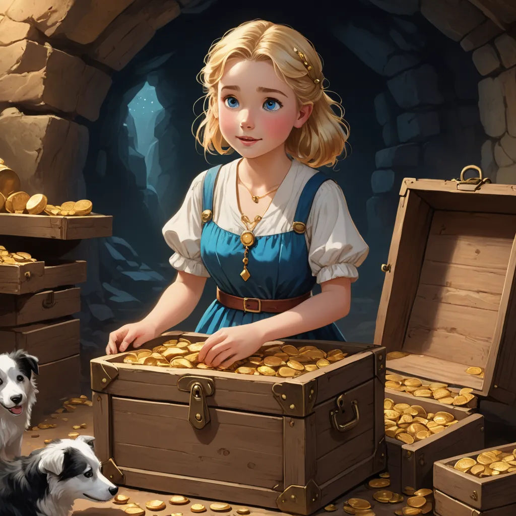 a painting of a girl with a dog looking at a chest of gold coins in a cave with a dog, fantasy art, a storybook illustration, Clint Cearley, rossdraws global illumination
