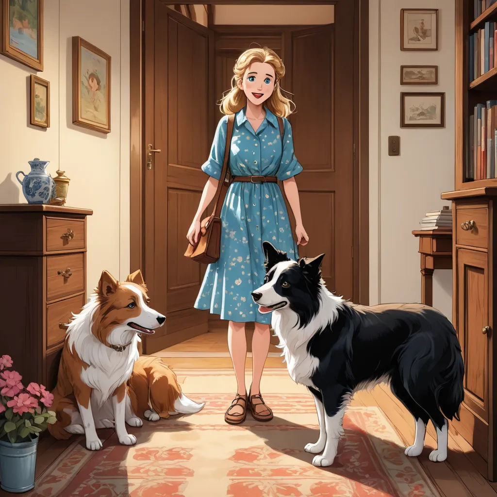 a woman standing next to two dogs in a room with a rug on the floor and a table with a vase of flowers, sots art, a storybook illustration, Anne Said, official art