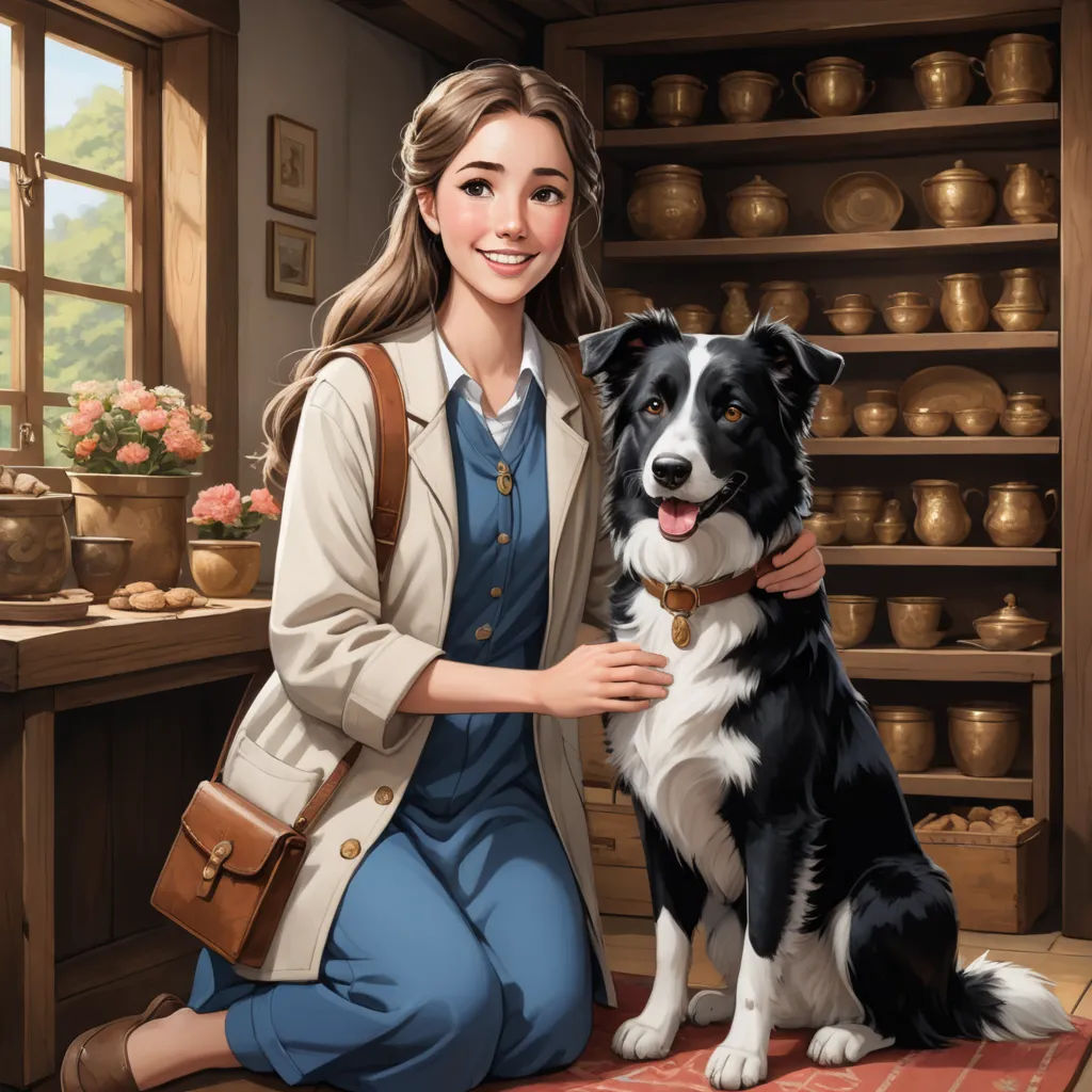 a woman sitting on a rug with a dog in front of her and a shelf full of pots and pans, american scene painting, a character portrait, Constance Gordon-Cumming, official art