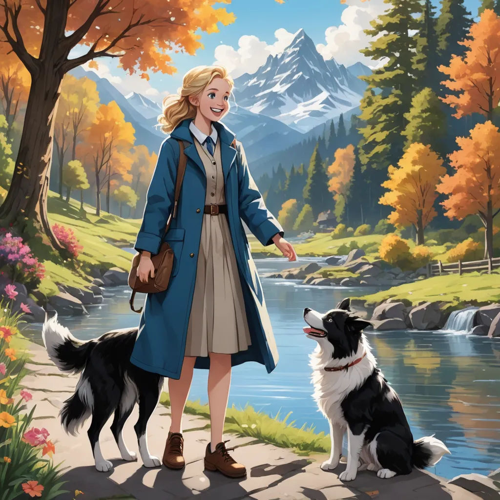 a painting of a woman and a dog on a path near a river and mountains with trees and flowers, american scene painting, concept art, Edwin Georgi, official art