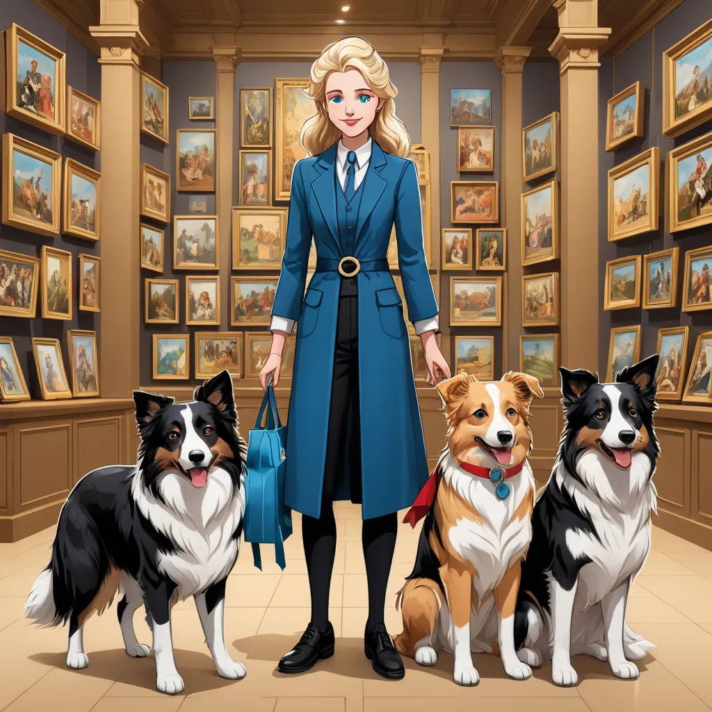 a woman in a blue coat and three dogs in a room with paintings on the walls and a woman in a blue coat, furry art, a fine art painting, Anne Said, key art