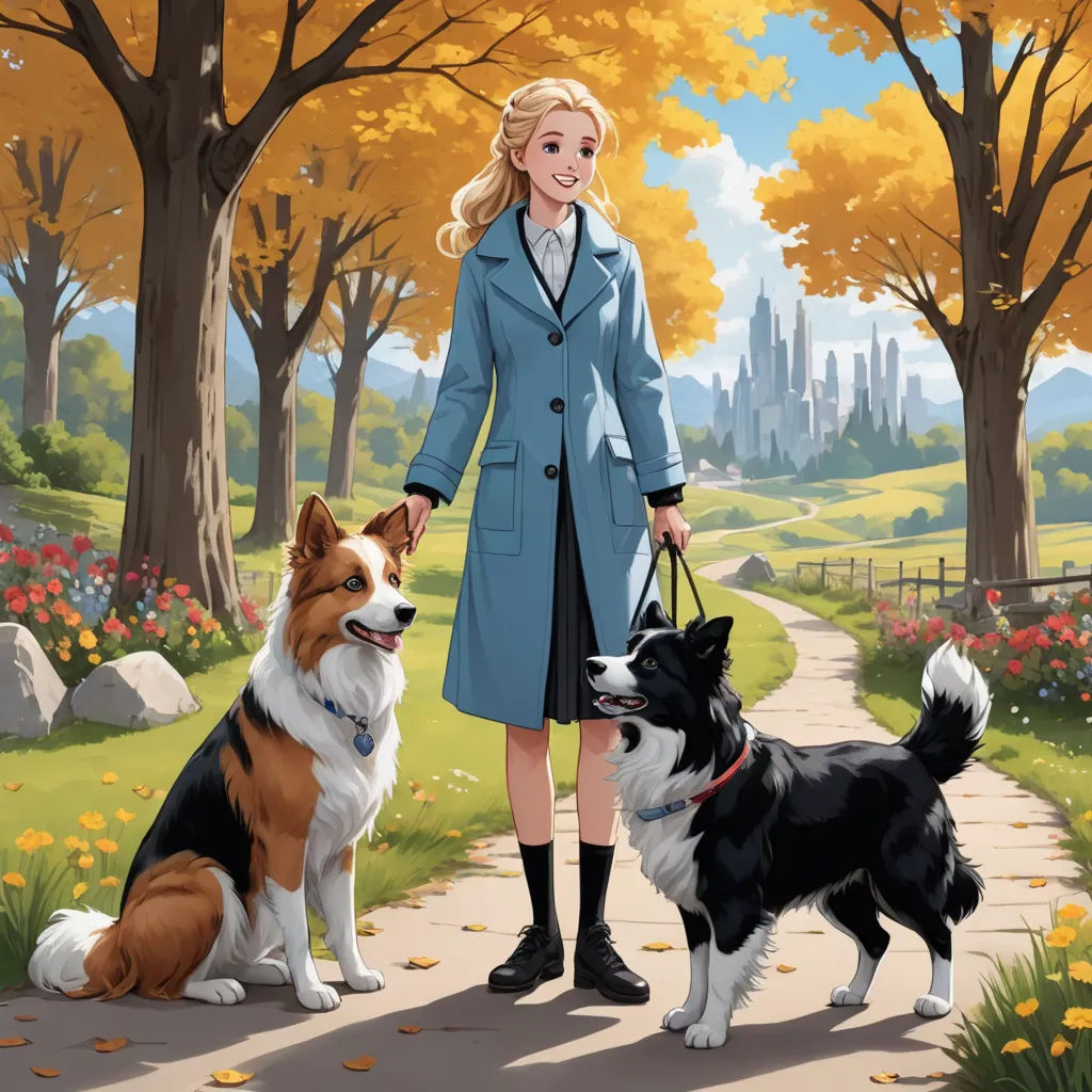 a woman in a blue coat is holding a leash with two dogs on a path in a park with trees and flowers, american scene painting, a storybook illustration, Brothers Hildebrandt, official art