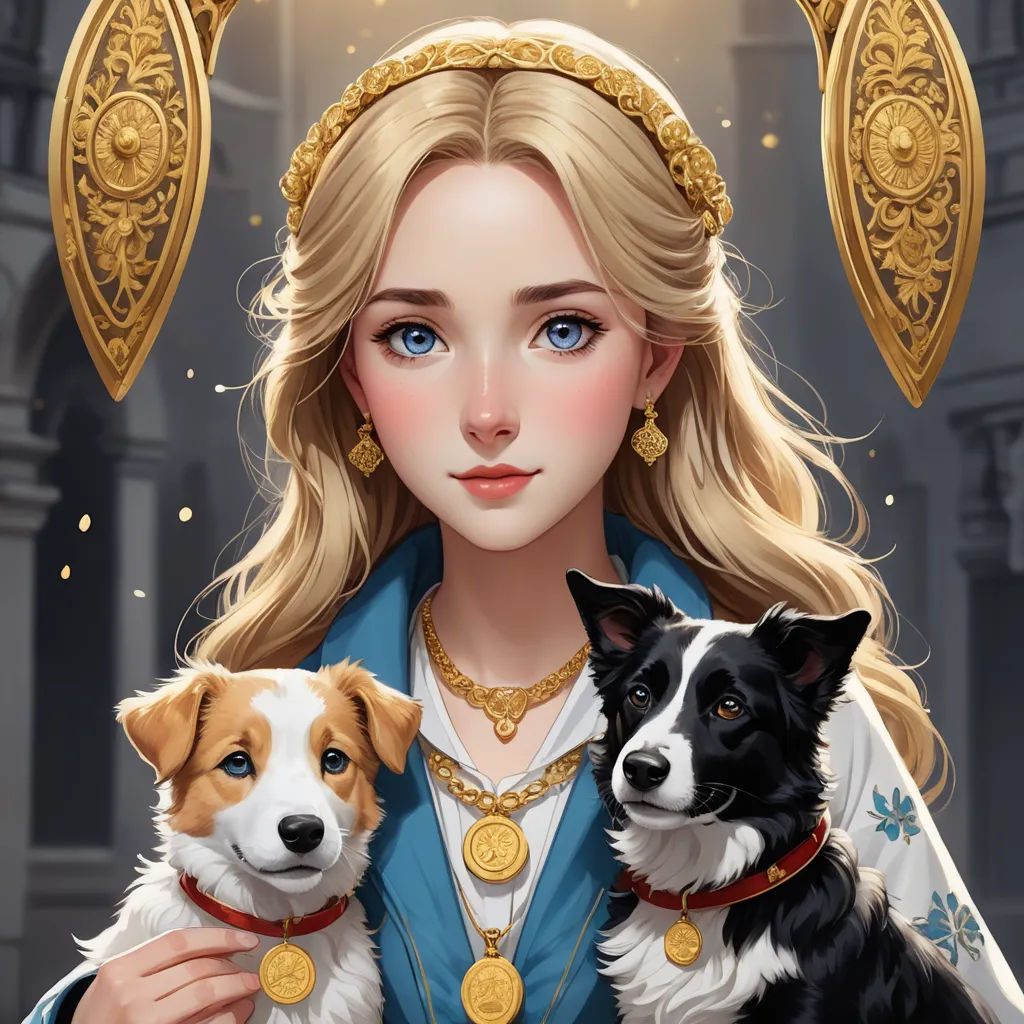 a woman holding two dogs in her arms and wearing a tiara and a golden necklace with a golden crown, fantasy art, a detailed painting, Charlie Bowater, trending on art station