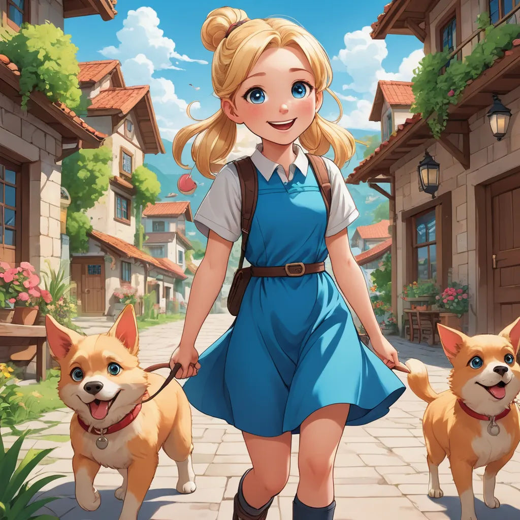 a girl in a blue dress walking two dogs on a leash in front of a village with houses and a dog, sots art, a storybook illustration, Artgerm, official art
