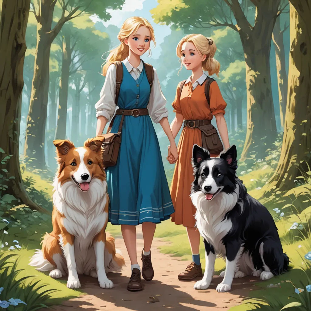 a painting of two girls and two dogs in a forest with trees and grass behind them, one of them is holding the leash of the dog, sots art, a storybook illustration, Brothers Hildebrandt, official art
