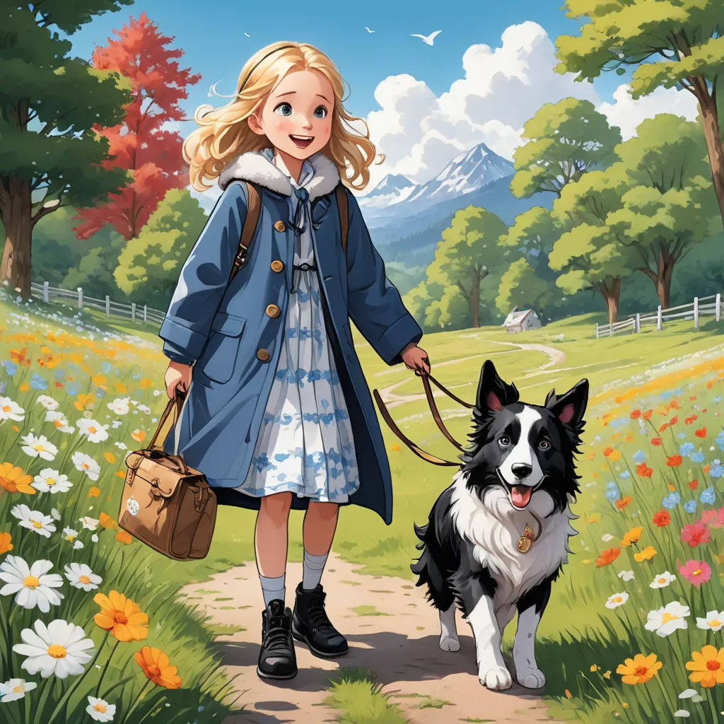 a girl in a blue coat is walking a dog in a field of flowers and trees with a mountain in the background, american scene painting, a storybook illustration, Cliff Childs, official art