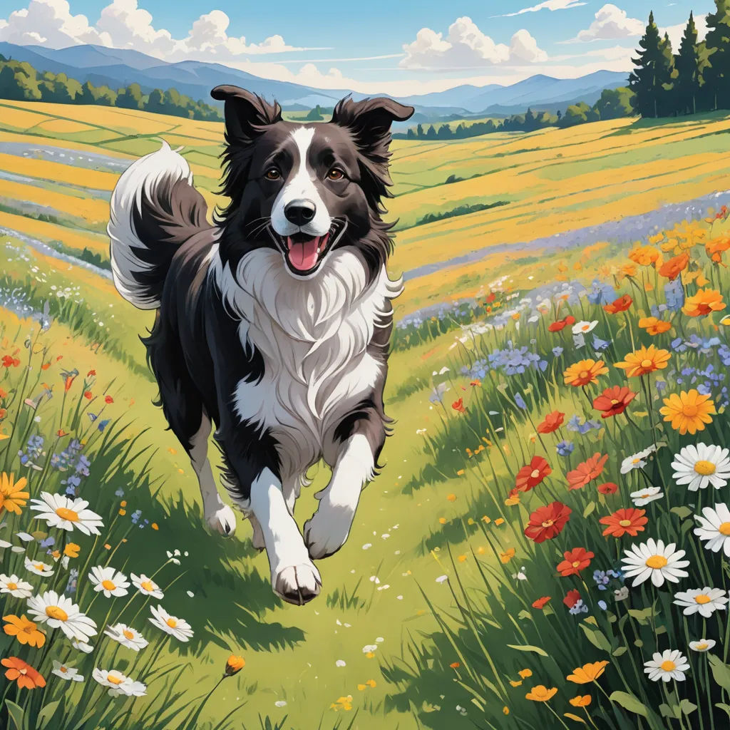 a dog running through a field of flowers with a sky background and clouds in the background, with a dog running in the foreground, color field, a comic book panel, Colin Middleton, official art