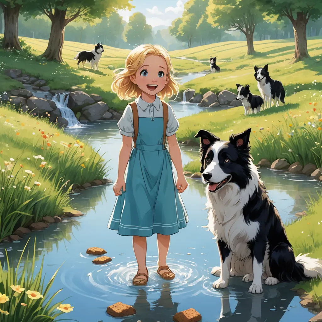 a girl and a dog are standing in a stream of water near a field with ducks and other dogs, sots art, a storybook illustration, Anne Said, official art