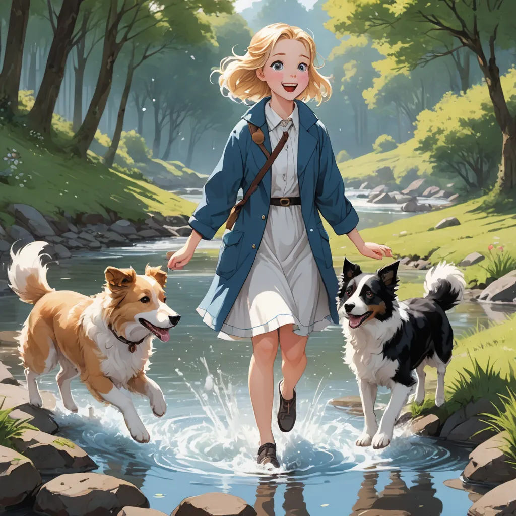 a girl and two dogs are walking through a stream of water in a forest area with rocks and grass, furry art, a storybook illustration, Charlie Bowater, official art