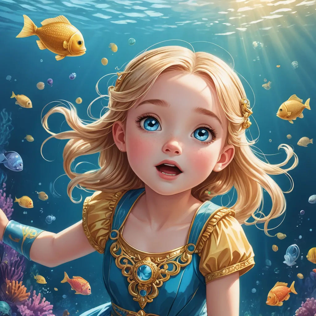 a little girl in a blue dress under water with fish and bubbles in her hair and a gold necklace, fantasy art, a storybook illustration, Cliff Childs, rossdraws global illumination