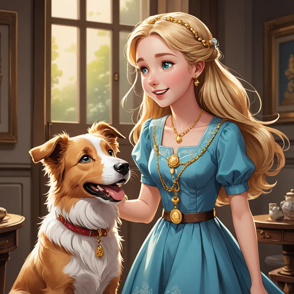 a girl in a blue dress petting a dog in a room with a window and a table with a teapot on it, fantasy art, a storybook illustration, Charlie Bowater, kinkade