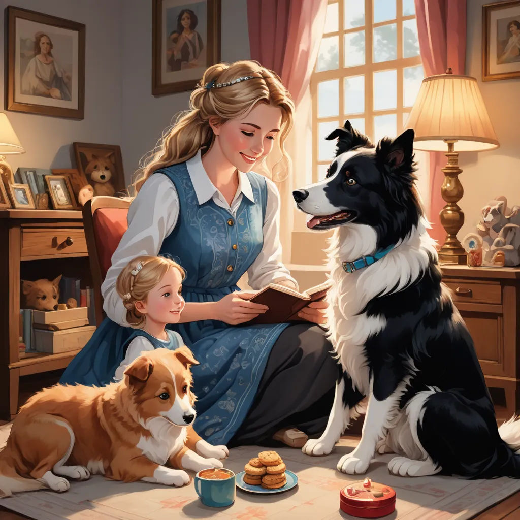 a woman sitting on a chair next to a dog and a little girl with a book in her lap, american scene painting, a storybook illustration, disney, storybook illustration