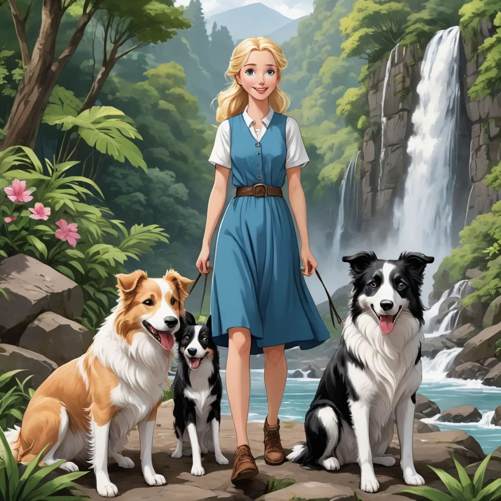 a girl in a blue dress is holding a leash with three dogs in front of a waterfall and a waterfall, sots art, a storybook illustration, disney, official art